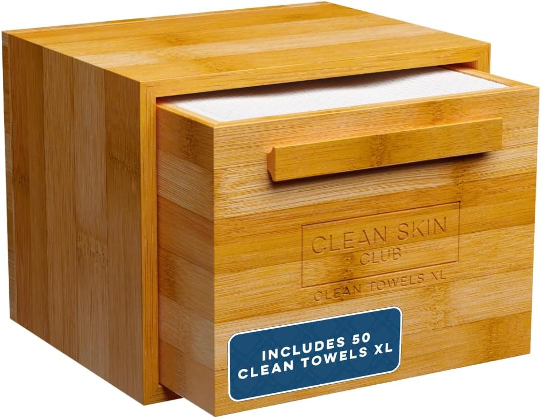 Luxe Bamboo Box with Drawer & Towels XL, Face Towel, Disposable Makeup Remover Dry Wipes, Facial Wash (Bamboo Container Drawer)