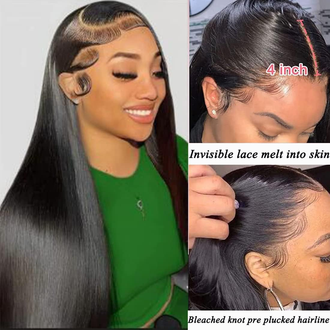 4X4 Frontal Lace Wig Human Hair Straight Lace Front Wig 18Inch for Black Women 150% Density Brazilian Virgin Hair Glueless Pre Plucked Nature Color Hair