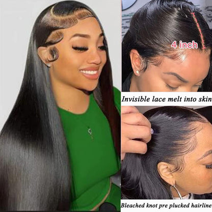 4X4 Frontal Lace Wig Human Hair Straight Lace Front Wig 18Inch for Black Women 150% Density Brazilian Virgin Hair Glueless Pre Plucked Nature Color Hair