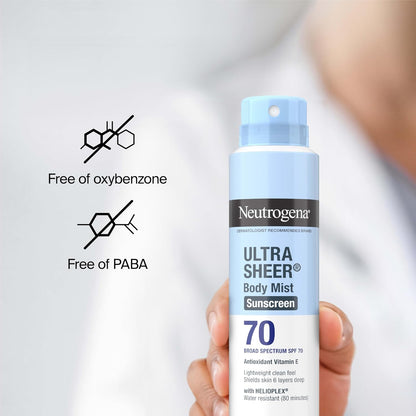 Ultra Sheer Body Mist Sunscreen Spray Broad Spectrum SPF 70, Lightweight, Non-Greasy & Water Resistant, Oil-Free & Non-Comedogenic UVA/UVB Sunscreen Mist, 5 Oz (Pack of 3)