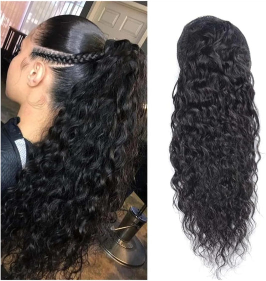 Human Hair Drawstring Ponytail Extension Water Wave Ponytail Natural Color Brazilian Remy Hair Ponytail Clip in Hair Extensions for Black Women (Color : Water Wave, Size : 16Inch 150G)