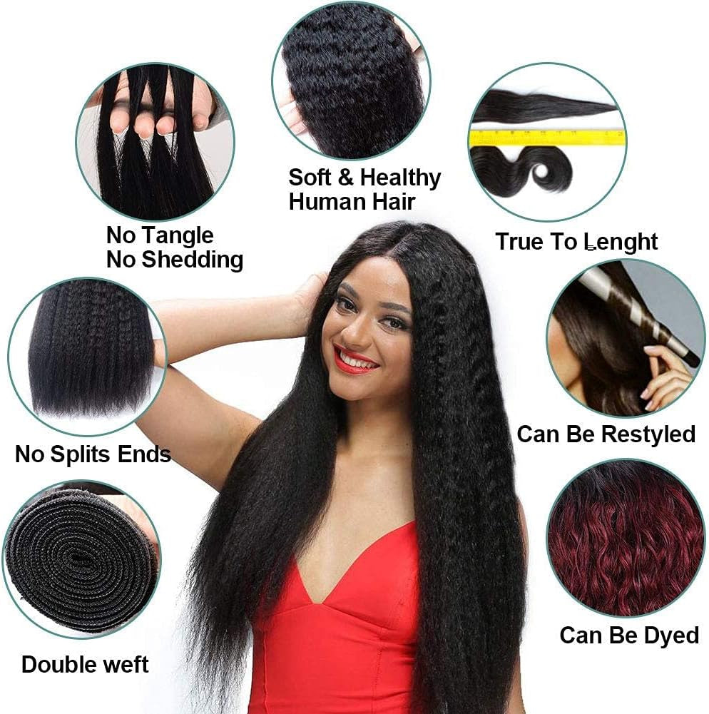 Kinky Straight Human Hair ，Single Bundle 14 Inch Yaki Straight Human Hair Extensions One Bundles， 100% Unprocessed Brazilian Virgin Remy Human Hair for Black Women Natural Color