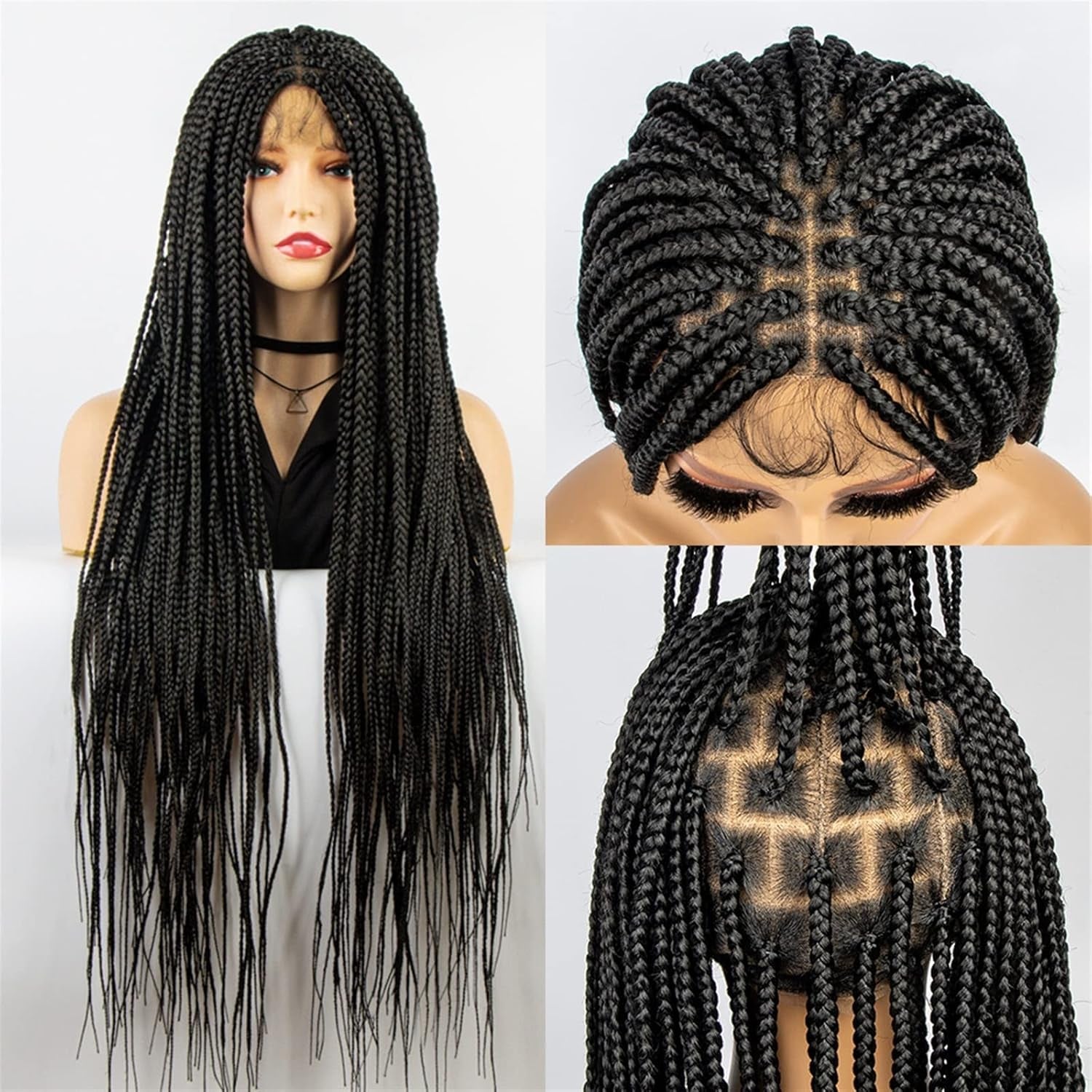 Ponytail Extension 36 Inches Knotless Box Braids Wigs Synthetic Full Lace Wig Braided Wigs for Black Women Crochet Box Wig Braid Braiding Hair Hair Extensions Ponytail(1B)