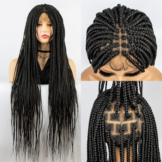Ponytail Extension 36 Inches Knotless Box Braids Wigs Synthetic Full Lace Wig Braided Wigs for Black Women Crochet Box Wig Braid Braiding Hair Hair Extensions Ponytail(1B)
