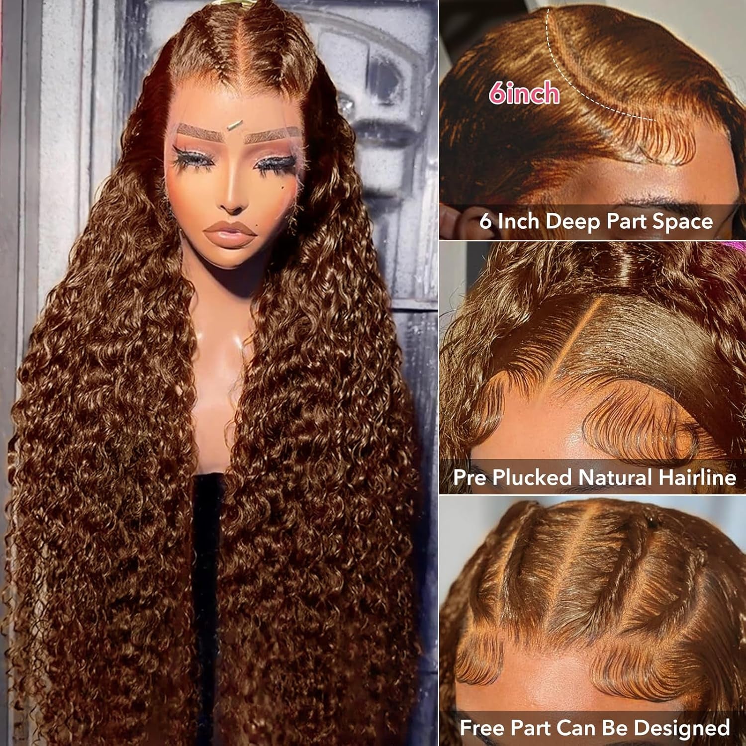 Chocolate Brown 13X6 HD Lace Front Human Hair Wig, Water Wave, 180 Density, Glueless, Bleached Knots, Colored Curly, 20 Inch