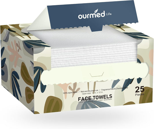 Face Towels, Disposable Biodegradable Facial Towels for Sensitive Skin, Lint- Free Face Wipes for Washing Face, Skincare and Makeup Remover, Dry Wipes, 10"×12" Extra Large, 25 Count