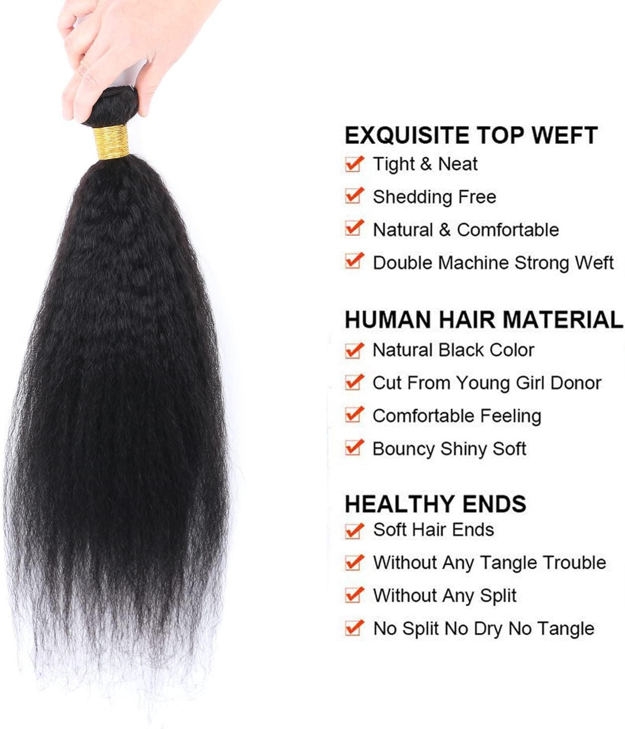 Kinky Straight Human Hair ，Single Bundle 14 Inch Yaki Straight Human Hair Extensions One Bundles， 100% Unprocessed Brazilian Virgin Remy Human Hair for Black Women Natural Color