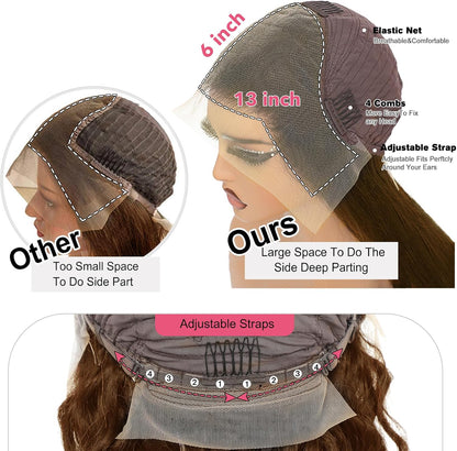 Chocolate Brown 13X6 HD Lace Front Human Hair Wig, Water Wave, 180 Density, Glueless, Bleached Knots, Colored Curly, 20 Inch