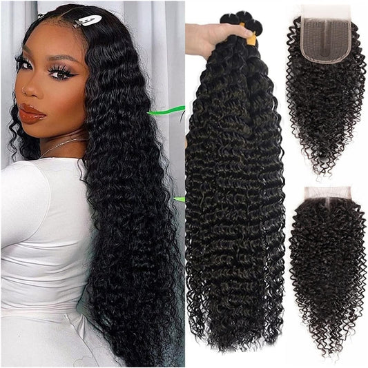 Hair Extensions Curly Wave Human Hair Bundles with Closure Brazilian Deep Wave Weave Bundles with 5×5 Lace Closure 3 Bundles Human Hair Bundles with Closure Human Hair Bundles (Size : 38 38 38 38 Wit