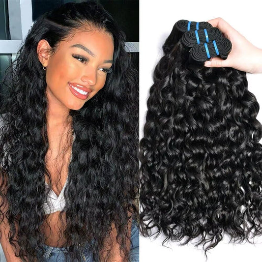 Ladiary Brazilian Hair Bundle Water Wave - Human Hair 18, 20, 22 Inch Weave - 100% Unprocessed Virgin - Natural Black Color