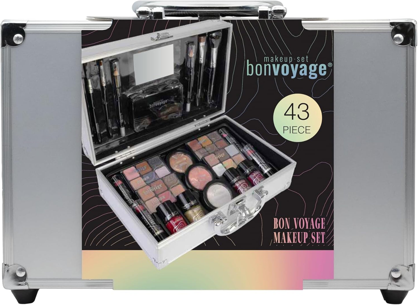 , 43-Piece Complete Makeup Kit, Includes Lipsticks, Eyeshadows, Blush, Nail Polish, Mirror and Make up Brushes, Portable Lightweight Metal Train Case, Bon Voyage