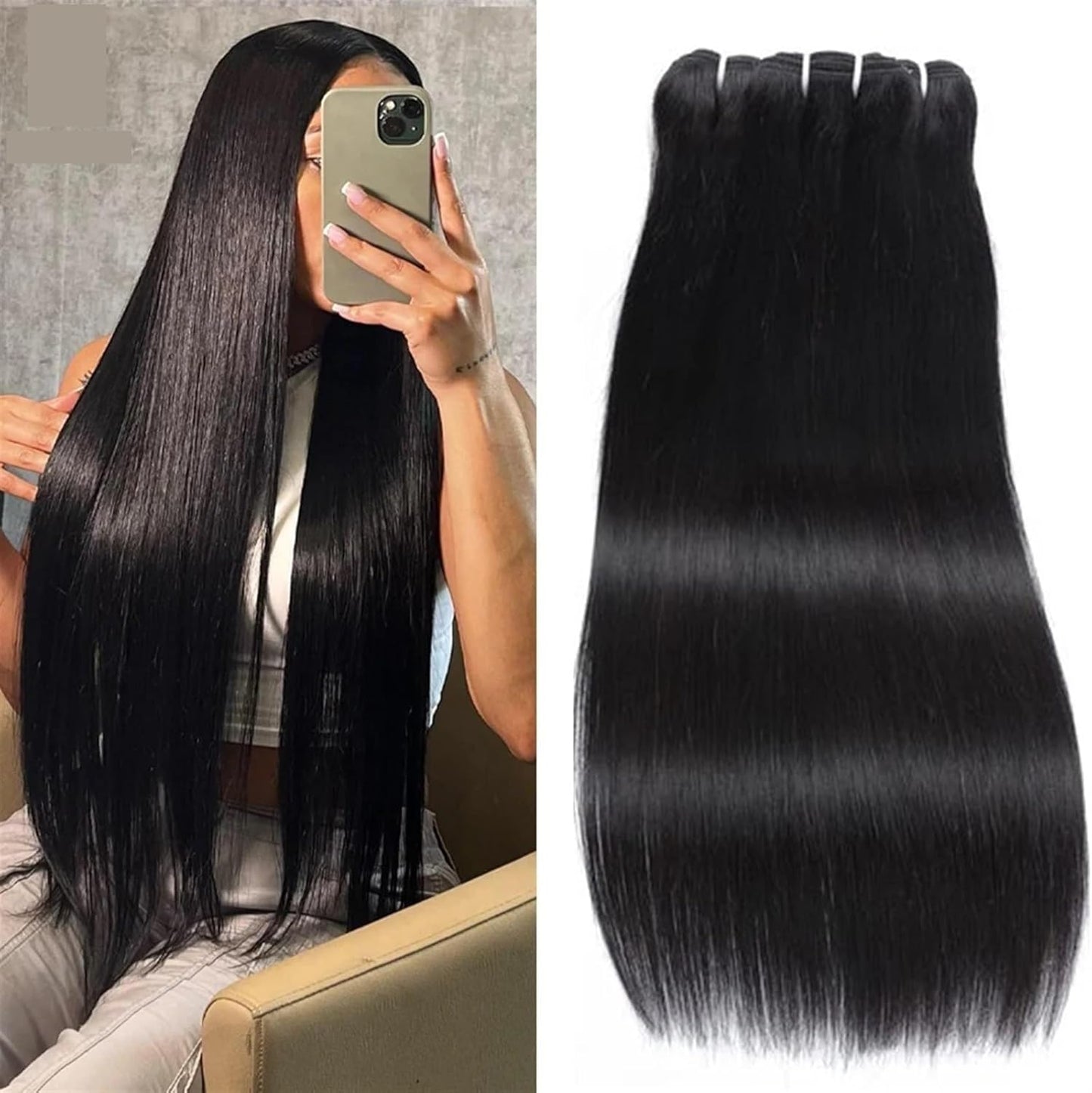 Bundles Human Hair Brazilian Straight Hair Bundles 100% Unprocessed Human Hair Straight Hair Extension Bundles Natural Color Human Hair Straight for Black Women Curly Weave Bundles Human Hair(30Inches