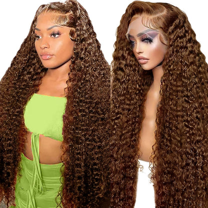 Chocolate Brown 13X6 HD Lace Front Human Hair Wig, Water Wave, 180 Density, Glueless, Bleached Knots, Colored Curly, 20 Inch