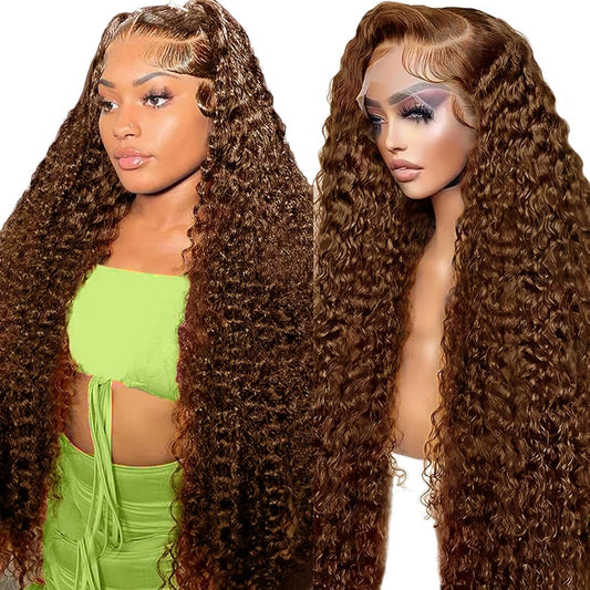 Chocolate Brown 13X6 HD Lace Front Human Hair Wig, Water Wave, 180 Density, Glueless, Bleached Knots, Colored Curly, 20 Inch