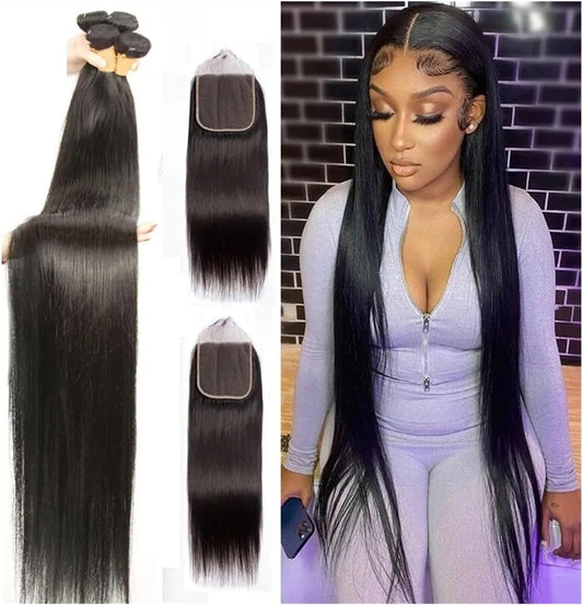 Women'S Wigs Bone Straight Bundles with Closure Human Hair Weave Extension Natural Color Straight Brazilian Remy Hair Bundles with Frontal for Black Women Bundles(4" X 4",24 26 28With20)