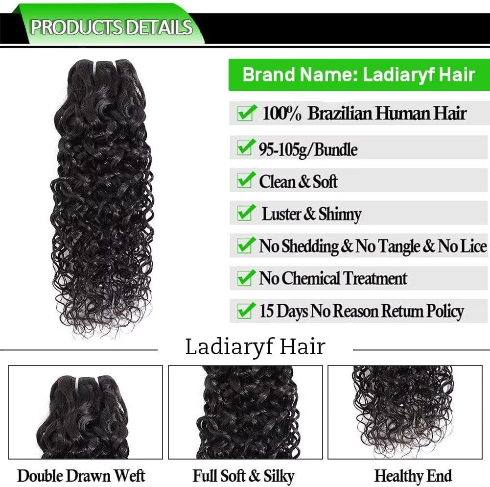 Ladiary Brazilian Hair Bundle Water Wave - Human Hair 18, 20, 22 Inch Weave - 100% Unprocessed Virgin - Natural Black Color