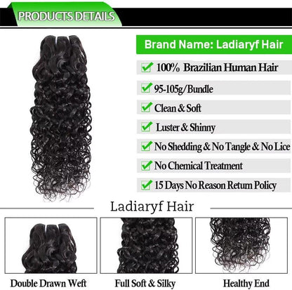 Ladiary Brazilian Hair Bundle Water Wave - Human Hair 18, 20, 22 Inch Weave - 100% Unprocessed Virgin - Natural Black Color