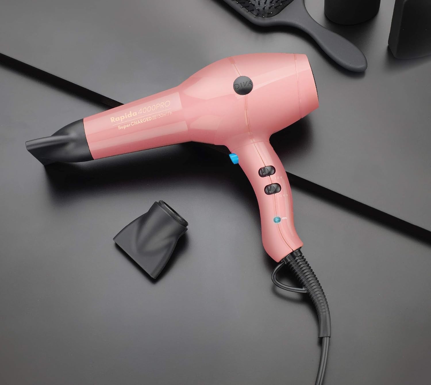 Rapida 4000 Pro Dryer Blush - 2200W Professional Hairdryer with Ionic Conditioning, PRO114 & Digital Straightener and Styler Onyx