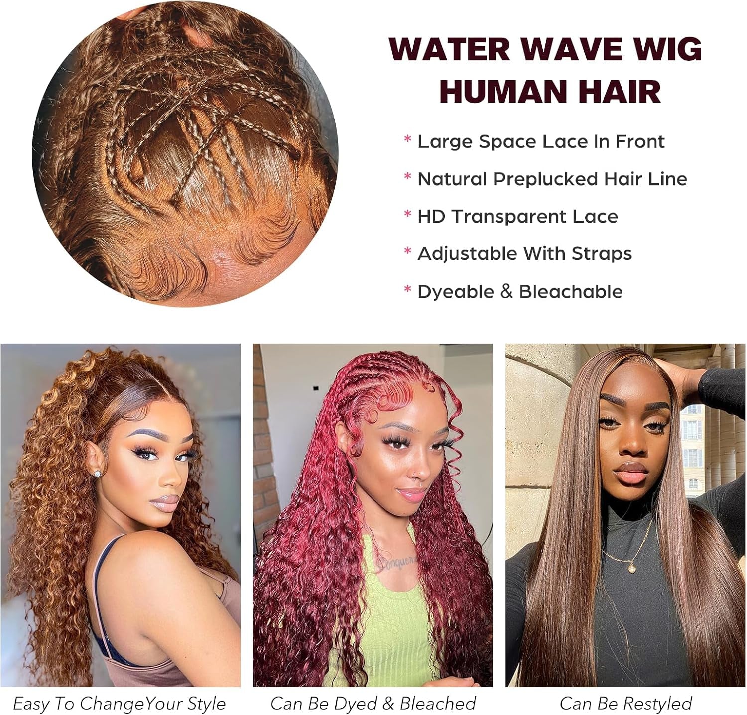 Chocolate Brown 13X6 HD Lace Front Human Hair Wig, Water Wave, 180 Density, Glueless, Bleached Knots, Colored Curly, 20 Inch