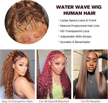 Chocolate Brown 13X6 HD Lace Front Human Hair Wig, Water Wave, 180 Density, Glueless, Bleached Knots, Colored Curly, 20 Inch