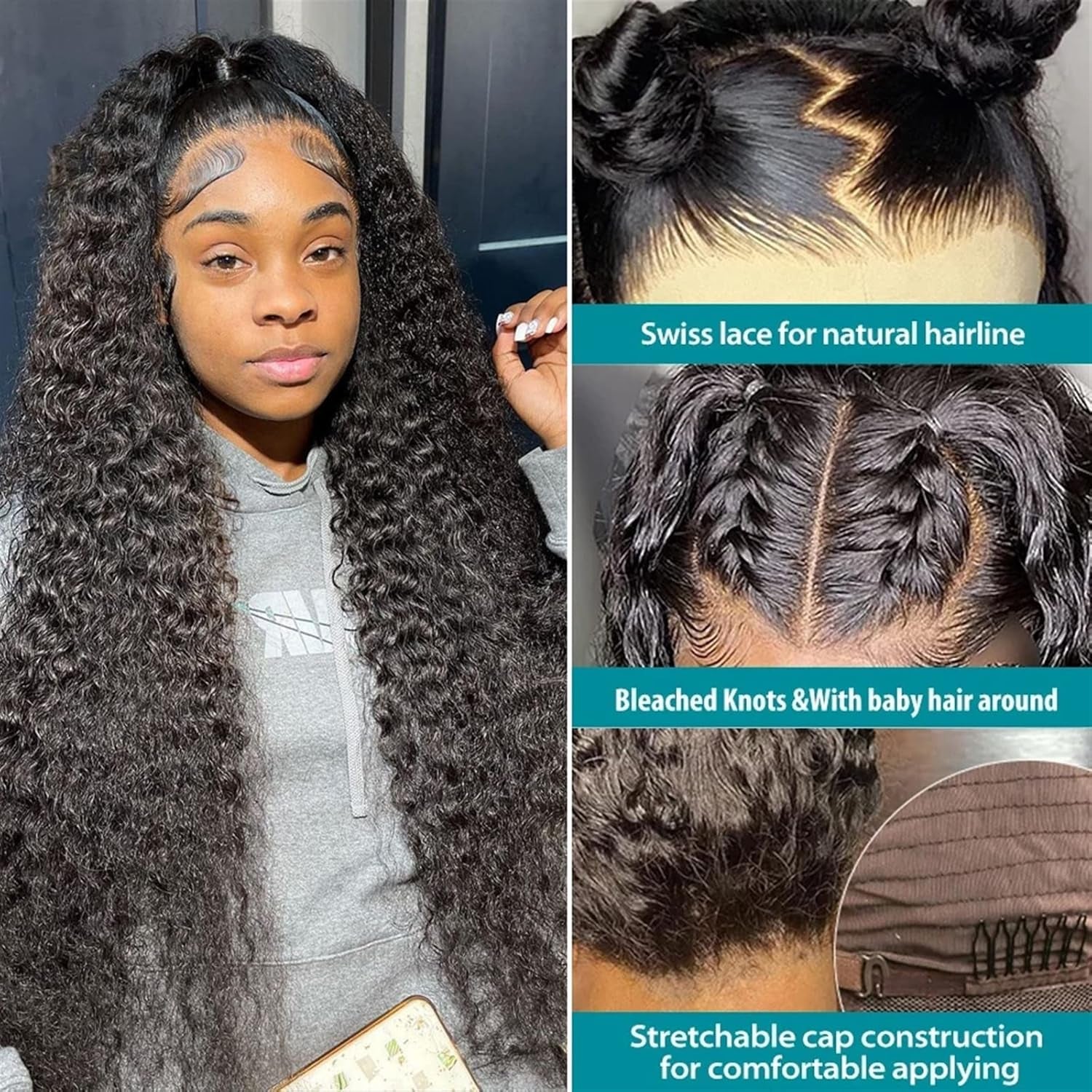 Wigs Deep Wave Lace Front Wigs Human Hair Wigs for Black Women 13X4 Glueless Lace Frontal Wigs Brazilian Hair 8-34" Black Color Curly Lace Front Wigs Hair Extensions (Size : 150% 13X4 Lace Wig, Colo