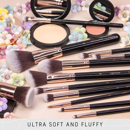 Beauty Professional Makeup Brushes - 15-Piece Award Winning Vegan Makeup Brush Set with Case, Blending Sponge, Brush Cleaner, Guide, Gift Box