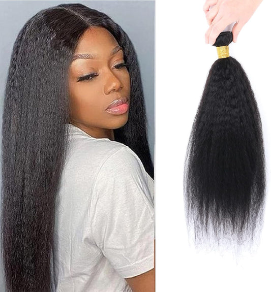 Kinky Straight Human Hair ，Single Bundle 14 Inch Yaki Straight Human Hair Extensions One Bundles， 100% Unprocessed Brazilian Virgin Remy Human Hair for Black Women Natural Color